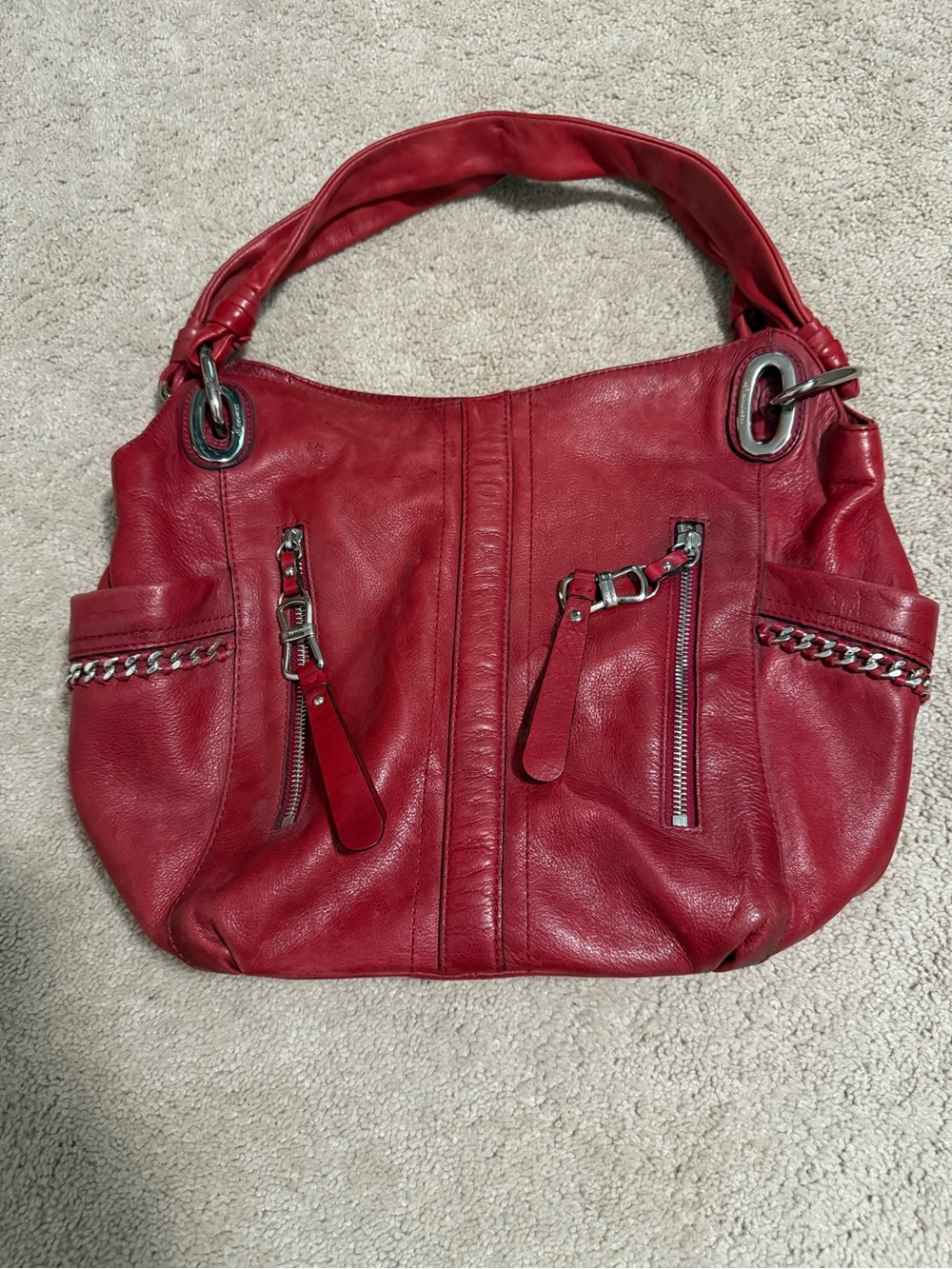b. makowsky Red Leather Shoulder Bag with Chain Accents